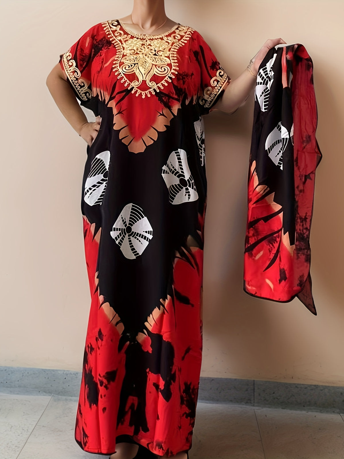 Kaftan Dress Women Floral Print Long Sleeve Embroidered Middle Eastern Ramadan Maxi Dress Straight Cut One Size