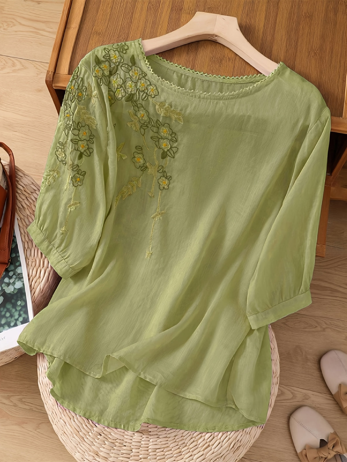Embroidered Viscose Shirt Women Retro Artistic Loose Fit Top Spring Summer Blouse Light Purple Blue Green Rose Red S-XXL