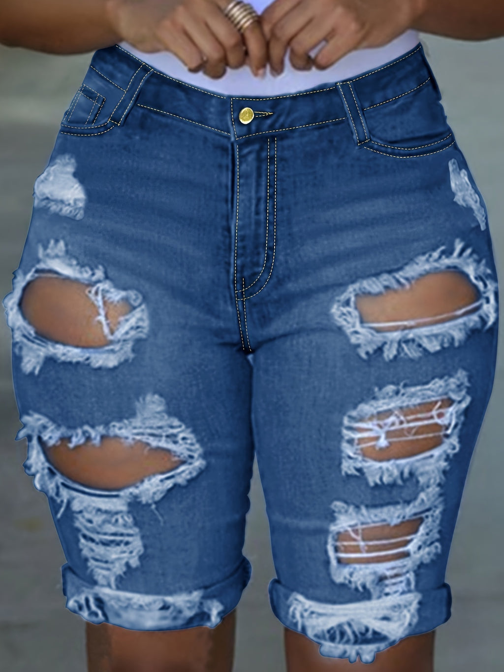 Ripped Denim Shorts for Women - Fringe Hem Distressed Vintage Jean Shorts, Casual Street Style Destroyed Denim with Raw Edge, Summer Fashion Bottoms
