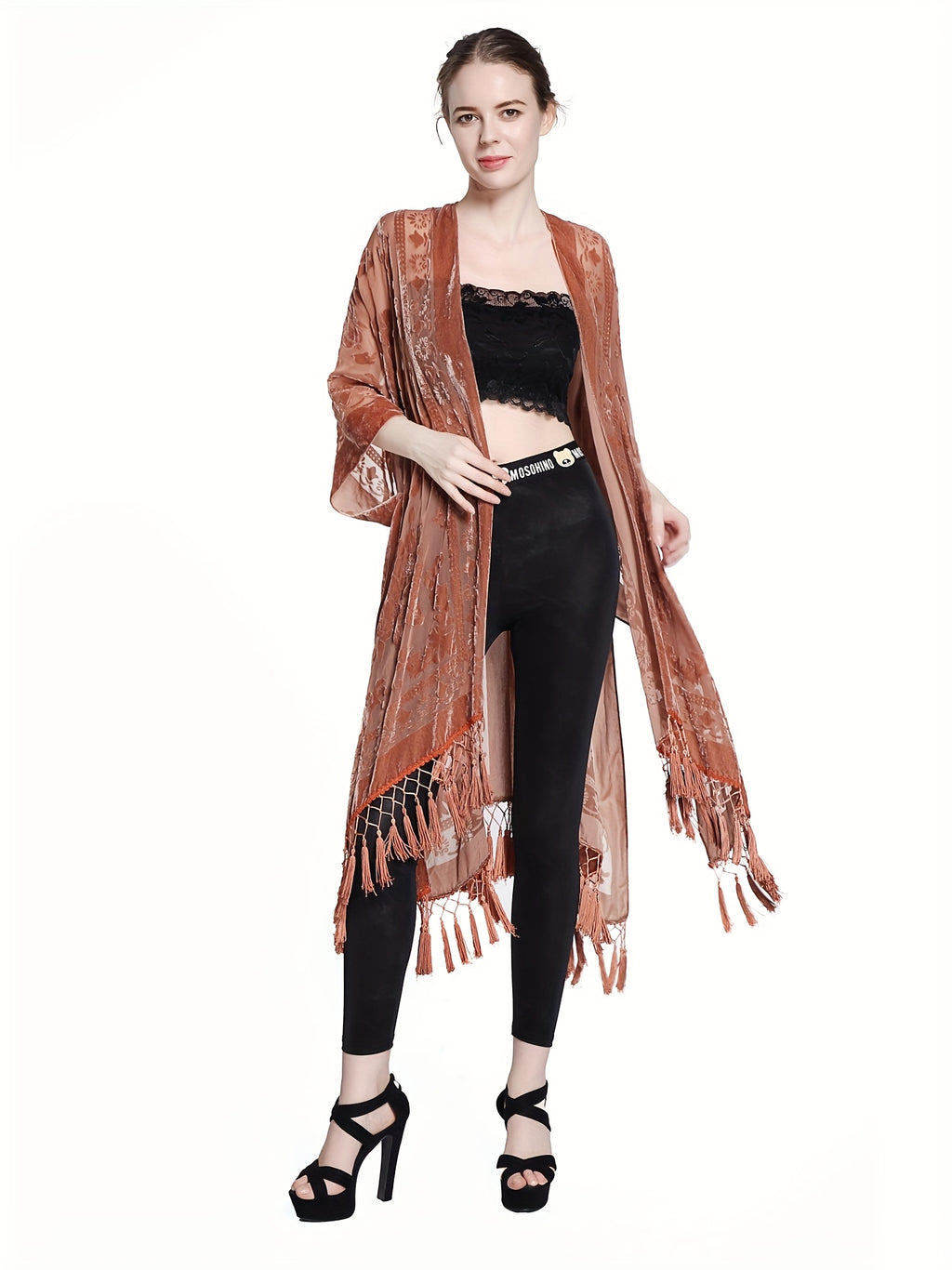 Boho Burnout Velvet Kimono Women Long Cardigan Cover Up Tassel Floral Embroidered One Size