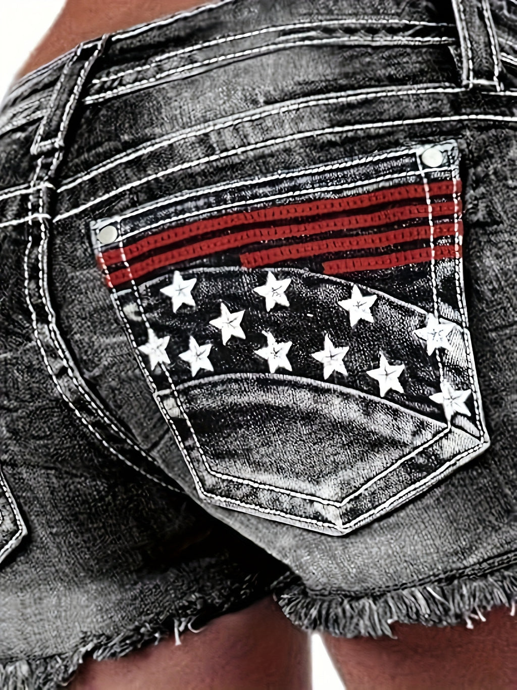 Women Star Striped American Flag Stretch Denim Shorts Patriotic Print Casual Summer Jean Shorts Grey XL