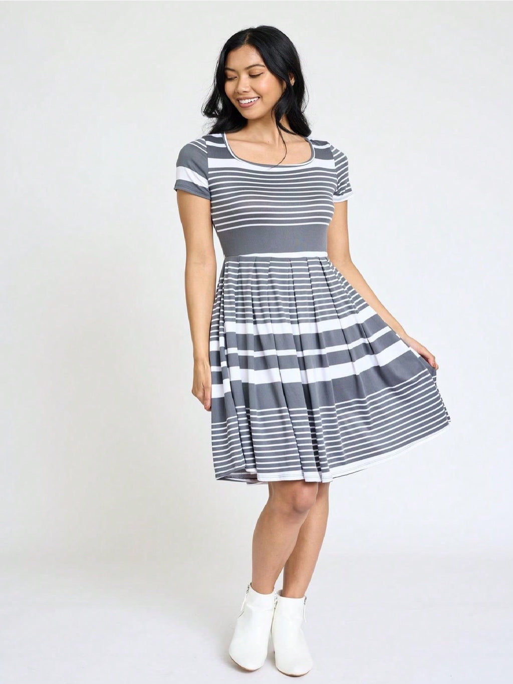 Paisley Floral Swing Dress Women Chevron Stripe Patchwork Pleated Square Neck Elastic Waist Midi Casual Plus Size S-3X