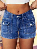 Workwear Denim Shorts Women Multiple Pockets Elastic Washed Retro Style Button Decoration Fine Stitching Casual Comfortable Blue Black Light Blue