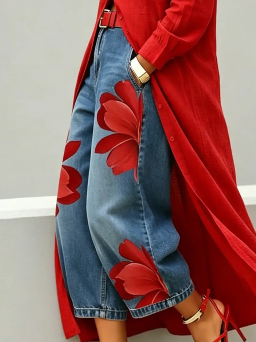 Floral Print Denim Wide Leg Pants Women Loose Fit Summer Casual Comfortable Boho Beach Trousers S-XXL