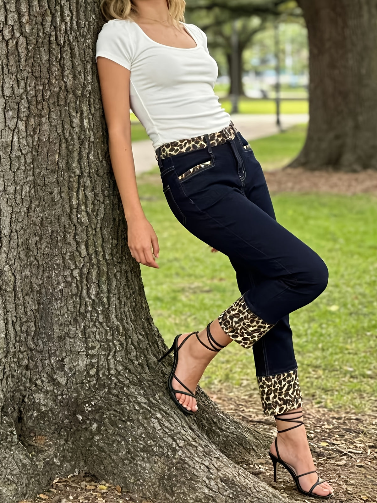 Y2K Leopard Print High Waist Butt Lifting Stretchy Jeans Women Dark Wash Casual Streetwear Denim Pants Deep Blue S-XXL