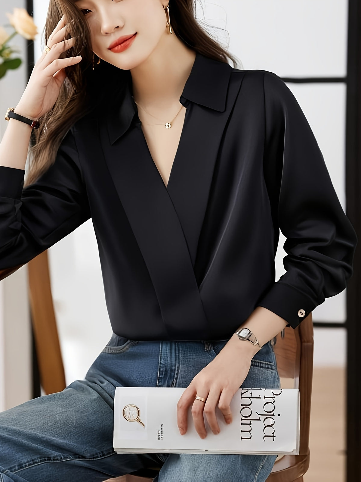 Satin Lapel Blouse Women Faux Silk Solid Color Long Sleeve Cardigan Button Shirt Elegant Casual Office Top S M L XL XXL