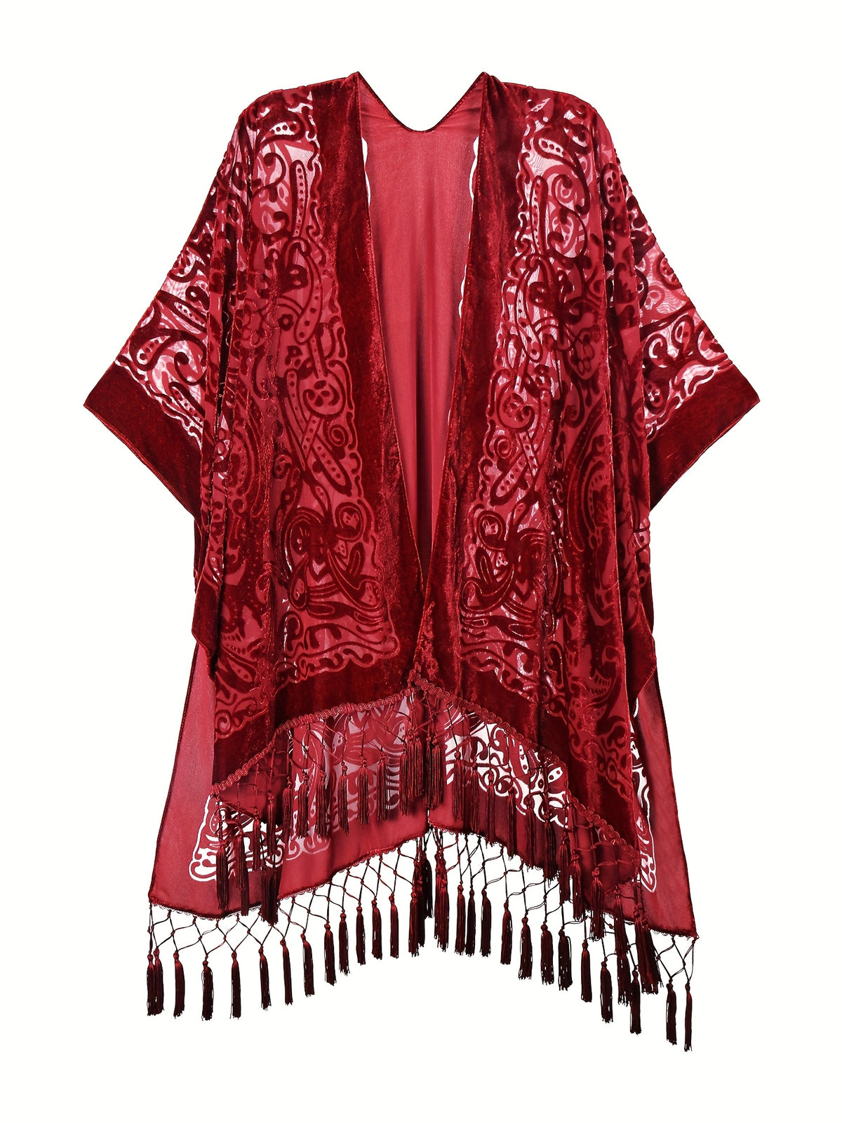 Boho Burnout Velvet Kimono Women Long Cardigan Cover Up Tassel Floral Embroidered One Size