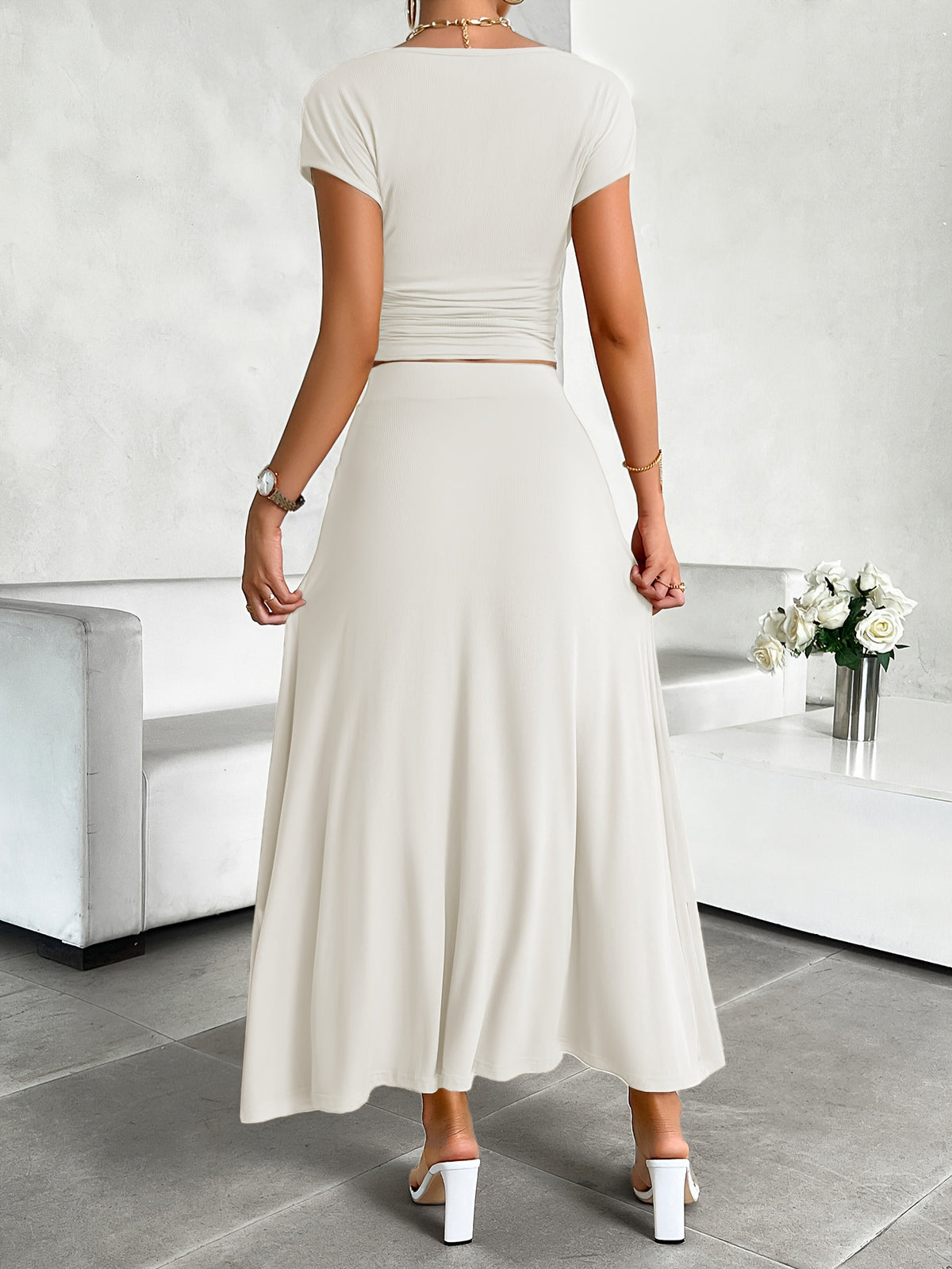 Women's 2pcs Lounge Set Crew Neck Short Sleeve Crop Top & Elastic Waist Maxi Skirt Soft Stretch Casual Summer Vacation Matching Outfit