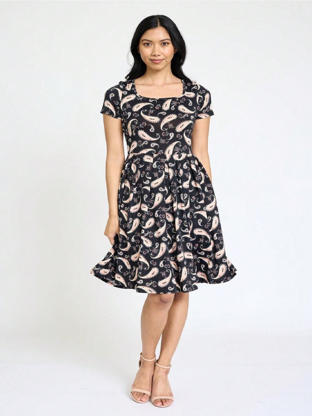 Paisley Floral Swing Dress Women Chevron Stripe Patchwork Pleated Square Neck Elastic Waist Midi Casual Plus Size S-3X