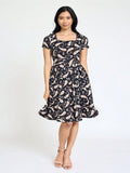 Paisley Floral Swing Dress Women Chevron Stripe Patchwork Pleated Square Neck Elastic Waist Midi Casual Plus Size S-3X