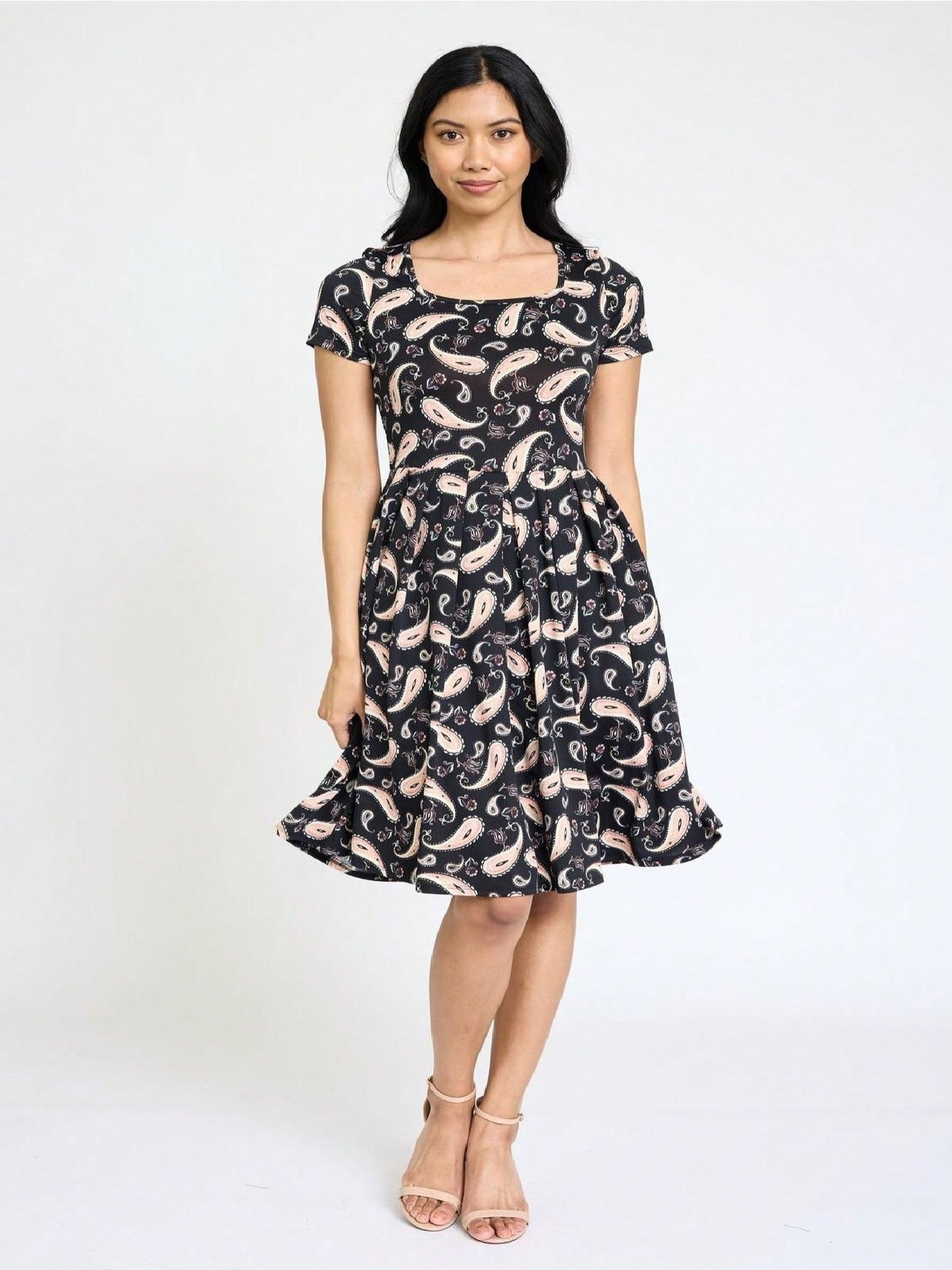 Paisley Floral Swing Dress Women Chevron Stripe Patchwork Pleated Square Neck Elastic Waist Midi Casual Plus Size S-3X