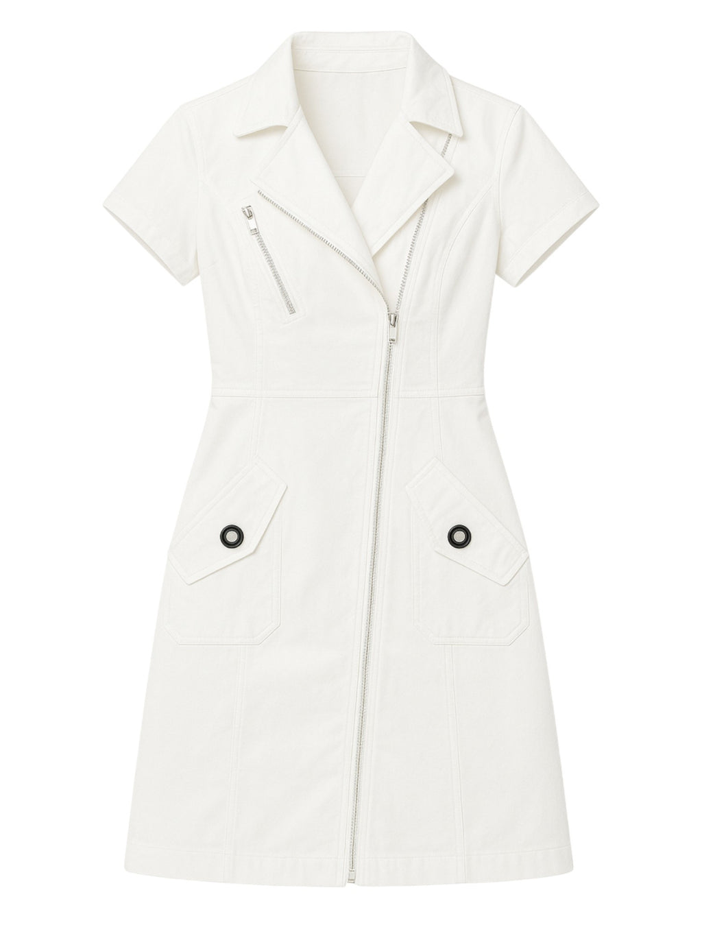 Zip Up Utility Dress Women Short Sleeve Notched Collar Zippered Pockets Elasticized Waist Tailored Casual Work Weekend Shirt Dress Lightweight