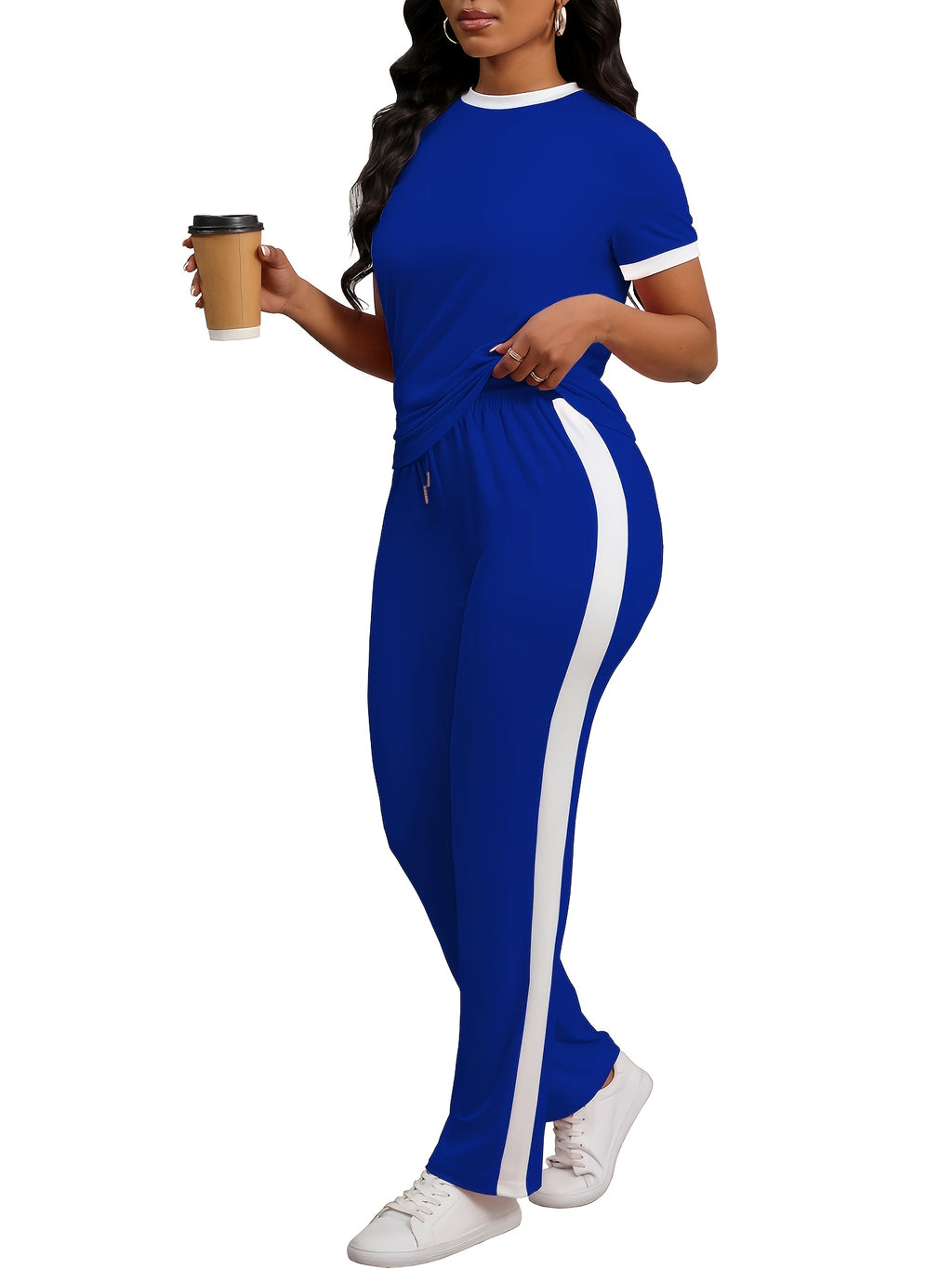 Women Colorblock 2 Piece Tracksuit Set Short Sleeve Crew Neck Top Striped Sweatpants Casual Lounge Jogger Matching Outfit for Workout Everyday Wear
