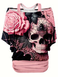 Rose Skull Spider Print Off-the-Shoulder Women's Top Fake 2pcs Halloween Cosplay Costume Party Gift Graphic Tee
