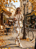 Women's 2pcs Geometric Print Lapel Blazer Set Double-Breasted Casual Outfit Micro Elastic Polyester Spring Fall Suit for Women