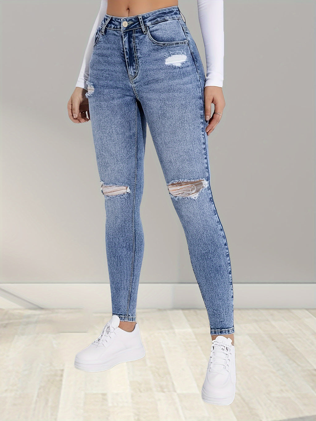 High Waist Elastic Waistband Stretch Jeans Women Classic Fit No Distressing Zip Fly Polyester Blend All Season Denim Pants