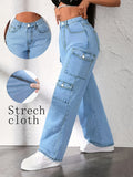 High Waisted Loose Straight Leg Cargo Jeans for Women Plus Size Multi-Pocket Wide Leg Denim Trousers Light Blue Black Casual Streetwear