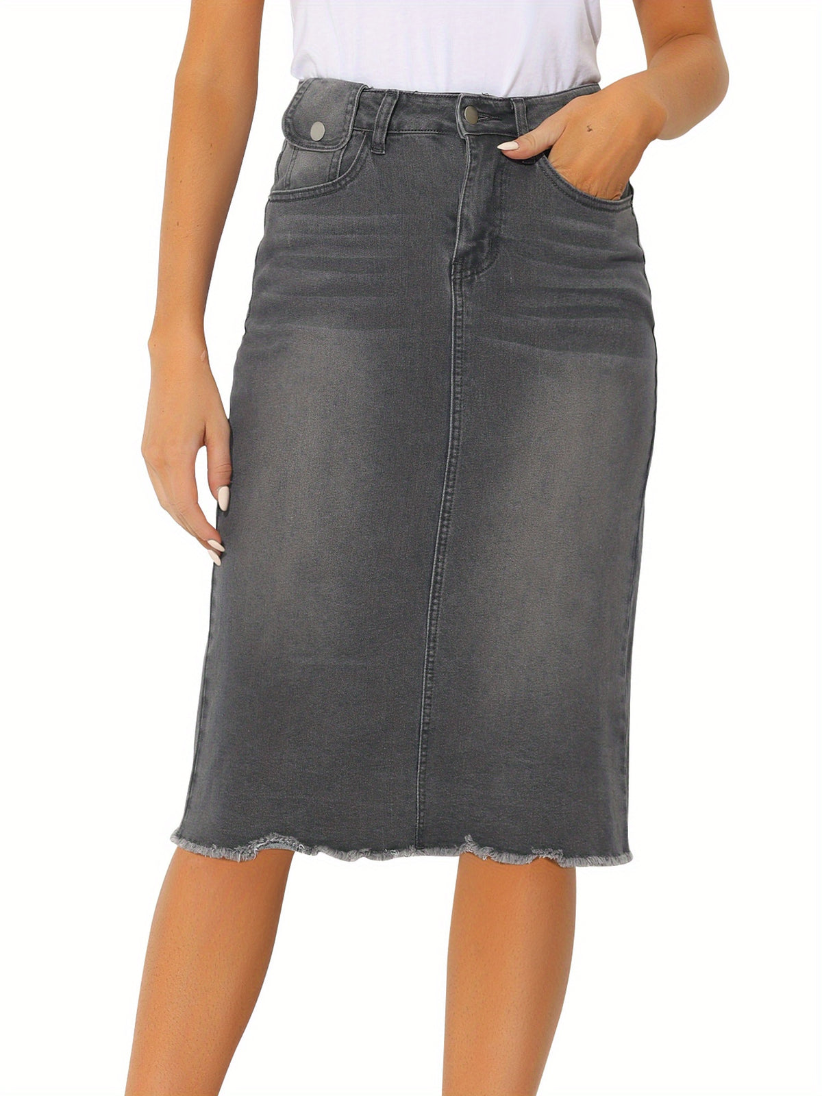 High Waist Denim Midi Skirt Women A-Line Back Slit Stretch Casual Jean Skirt Raw Hem Flared Spring Summer 2025