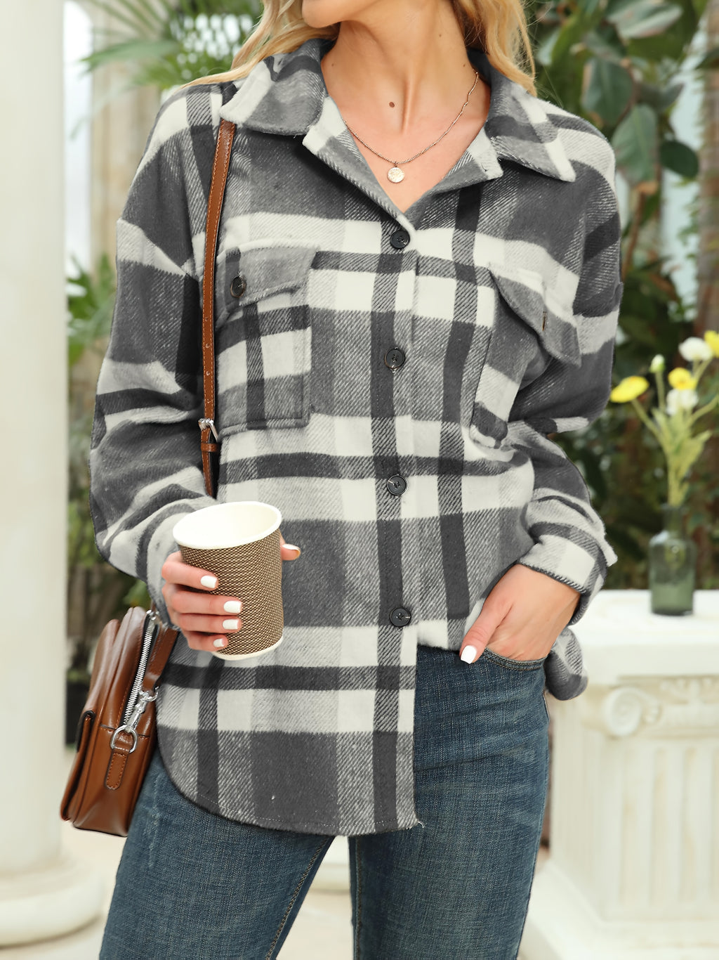 Women's Plaid Shirt Jacket Long Sleeve Lapel Button Coat Suede Fall Winter Casual Shacket S-XXL