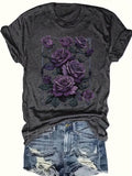 Vintage Purple Rose Floral T-Shirt Women Dark Lilac Burgundy Blush Pink Crew Neck Short Sleeve Casual Micro-Elastic Knit Machine Washable Top S-XXL