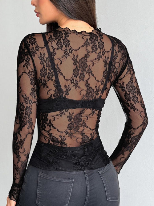 2-Pack Floral Lace See-Through Blouse Women Long Sleeve Sheer Romantic Elegant Dressy Shirt Top for Women