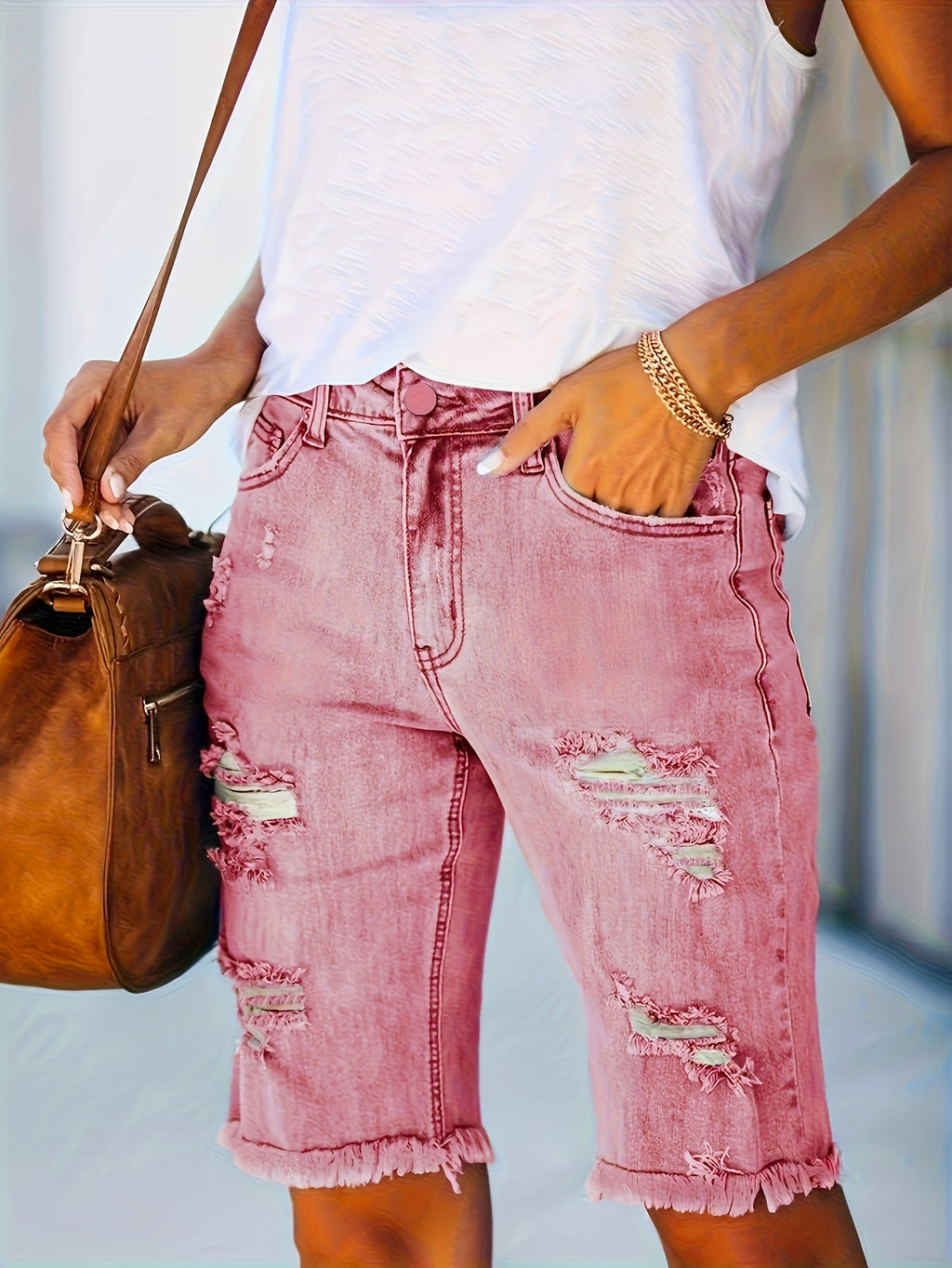High Waist Pink Y2K Ripped Denim Shorts Women Stretchy Fit Five Pocket Casual Summer Jean Shorts for Women