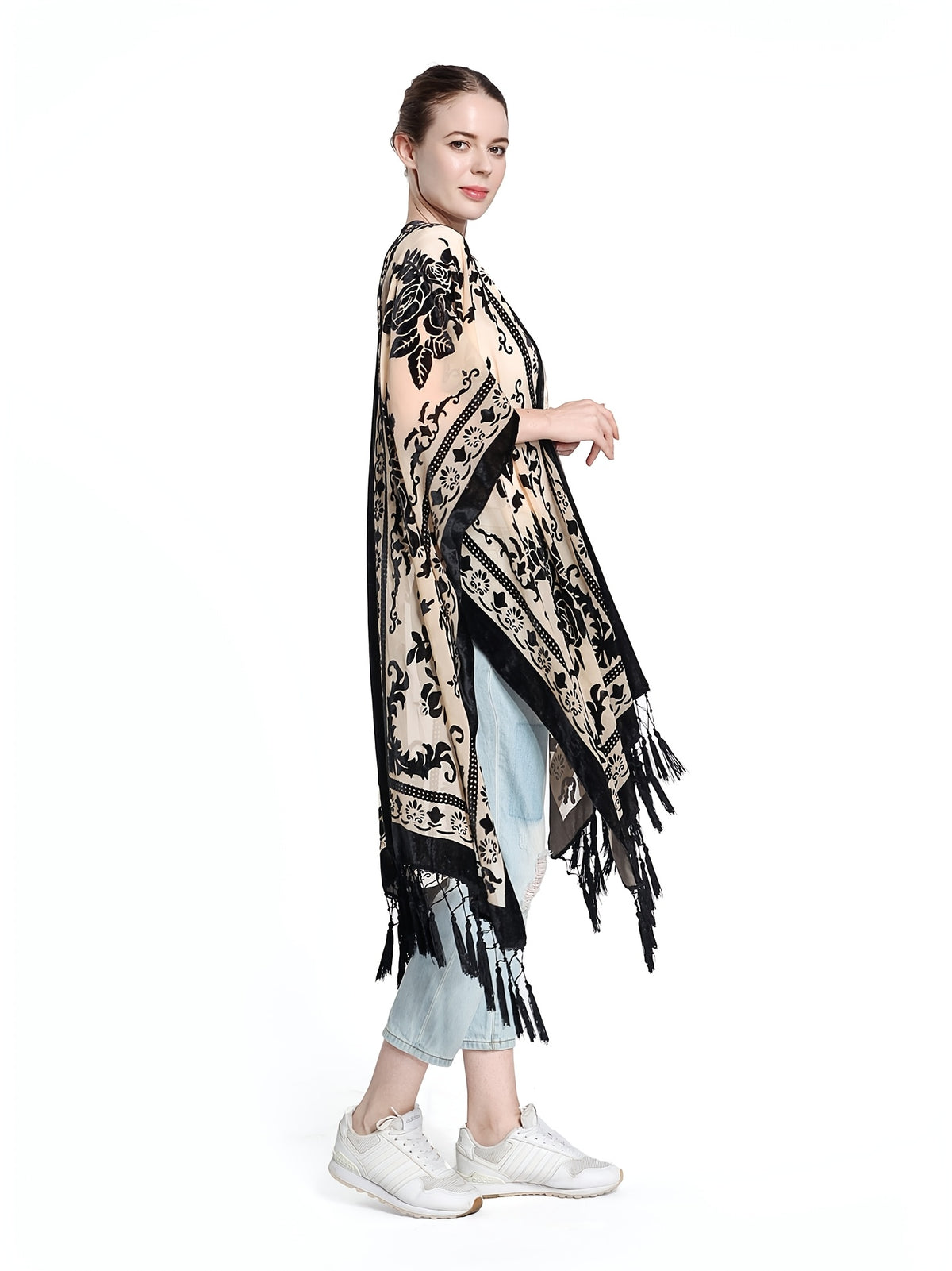 Boho Burnout Velvet Kimono Women Long Cardigan Cover Up Tassel Floral Embroidered One Size