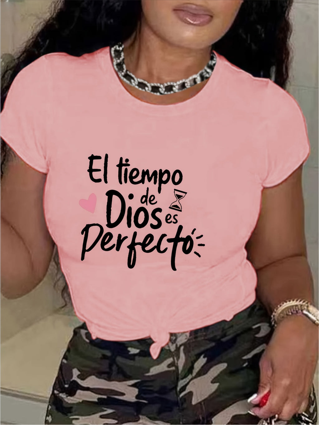Olive Green Inspirational Graphic T-Shirt for Women – "God's Timing is Perfect" Letter Print Short Sleeve Casual Top, Soft Stretchy Machine Washable