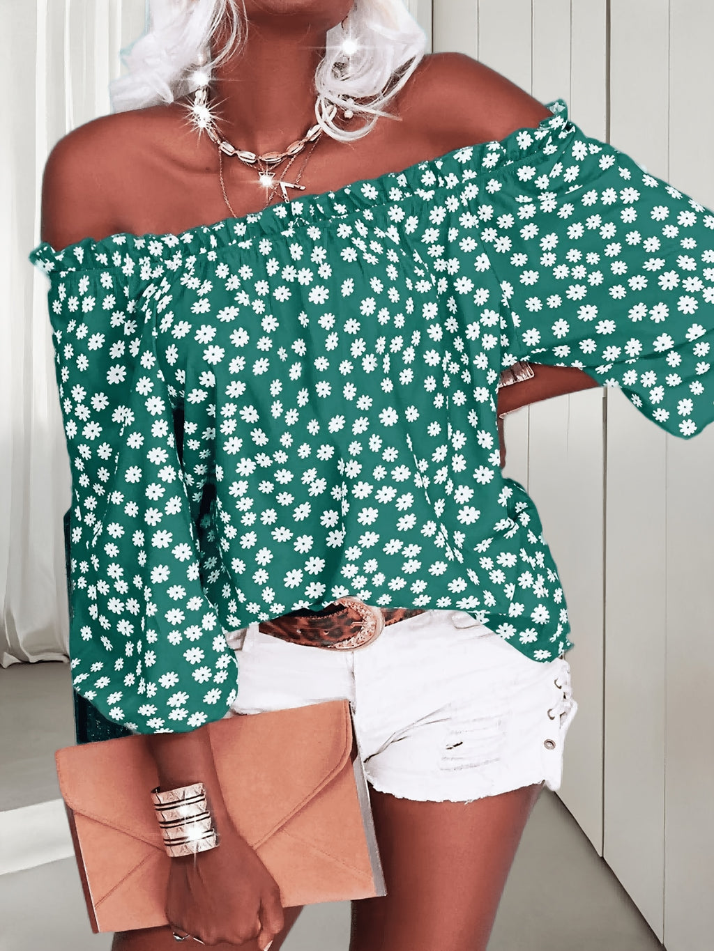 Floral Off Shoulder Chiffon Blouse Women 3/4 Sleeve Casual Summer Top Shirt 10 Colors S-XXL