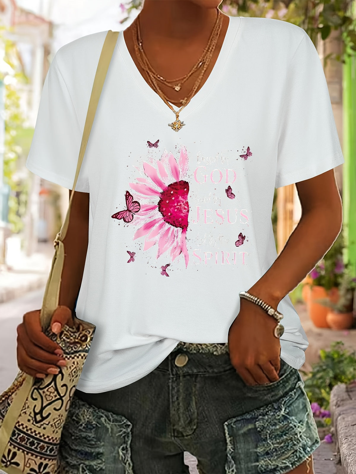 Printed V-Neck T-Shirt Women Casual Short Sleeve Summer Top 5 Colors S-XXL