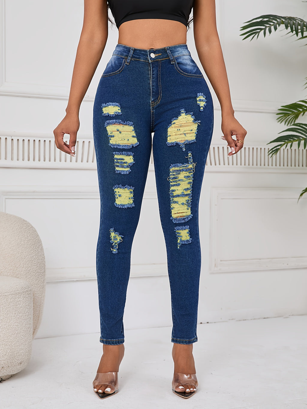 Ripped Skinny Jeans for Women – Distressed Stretch Denim with Yellow Detail, Waist Stretch Fit, Sizes S-XXL