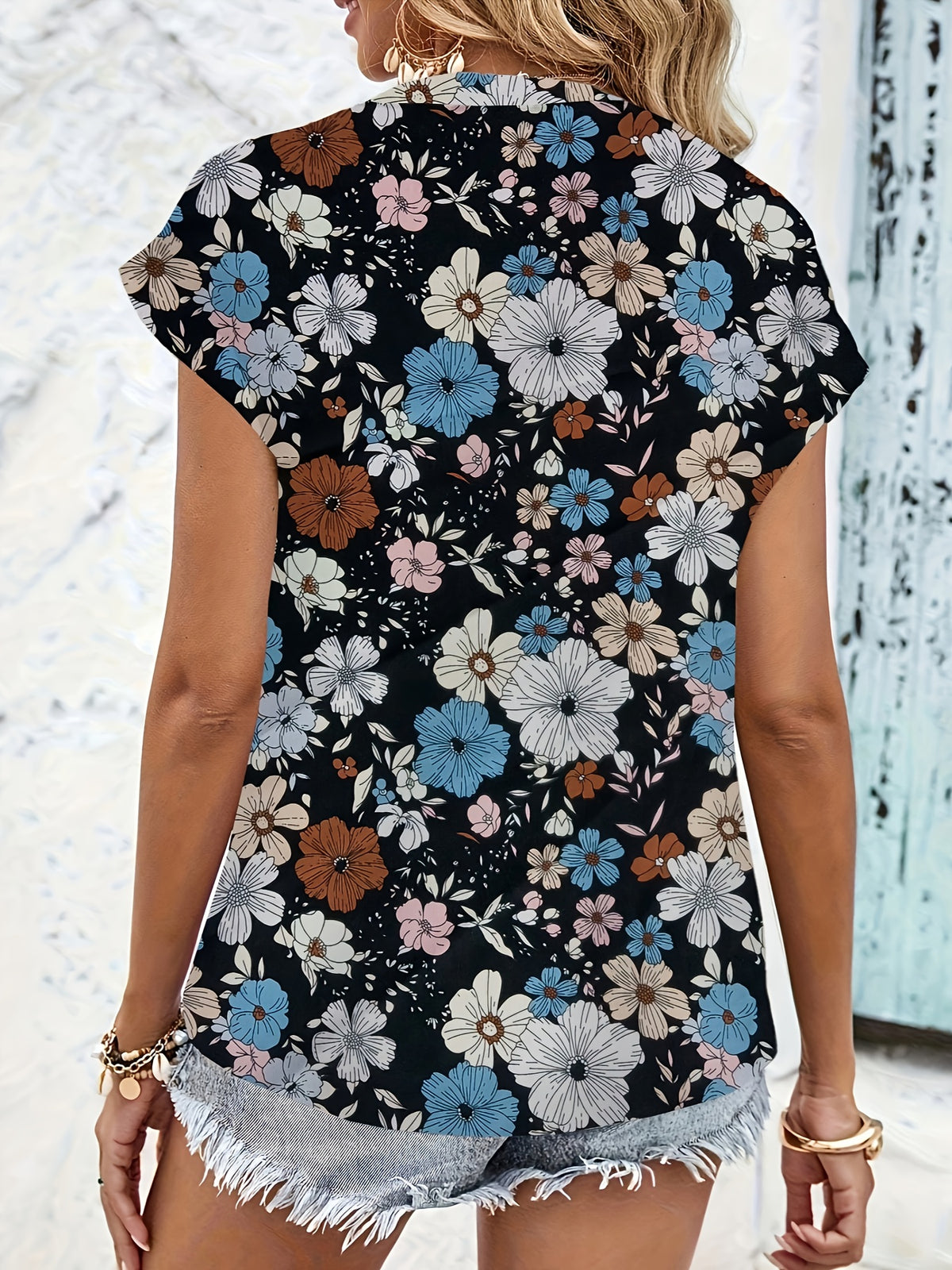 Vintage Floral Print Blouse Women V-Neck Notched Stand Collar Short Sleeve Ruffle Detail Textured Breathable Machine Washable Summer Casual Shirt