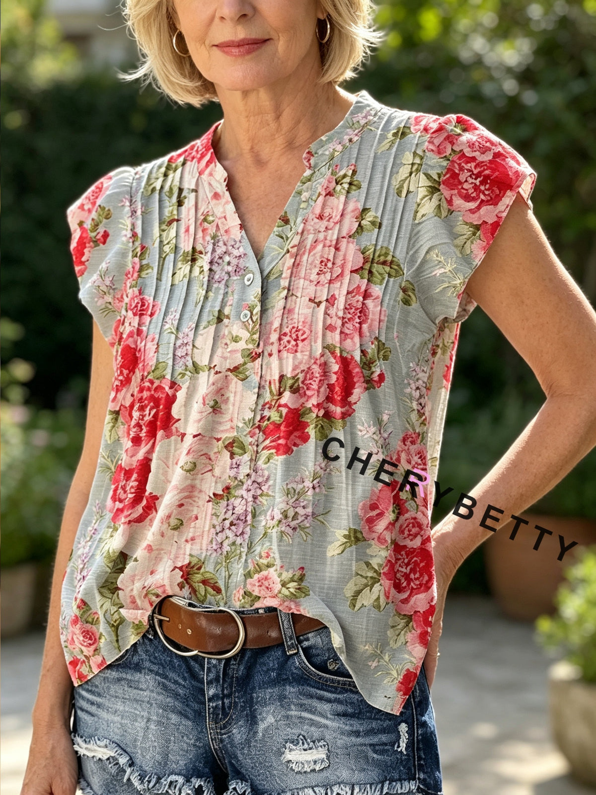 Flutter Sleeve Floral Blouse Women Elegant Chic Casual Summer Top Pink Gray Red Print Lightweight Spring S-XXL