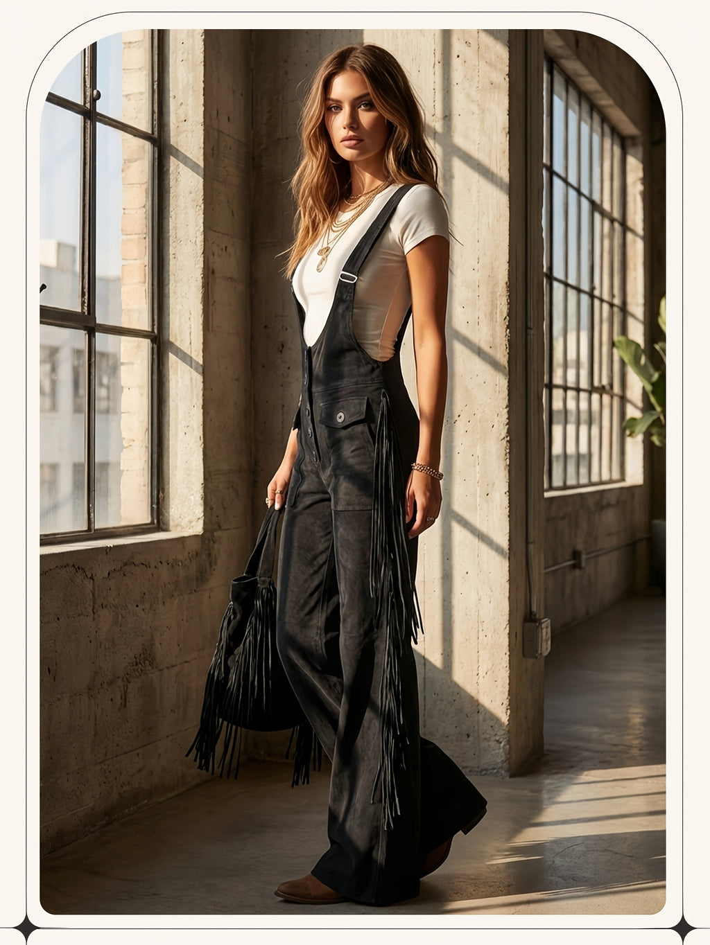 Vintage Fringe Overalls Women Wide Leg Loose Faux Suede Western Boho Festival Country Concert Halloween Costume Outfit