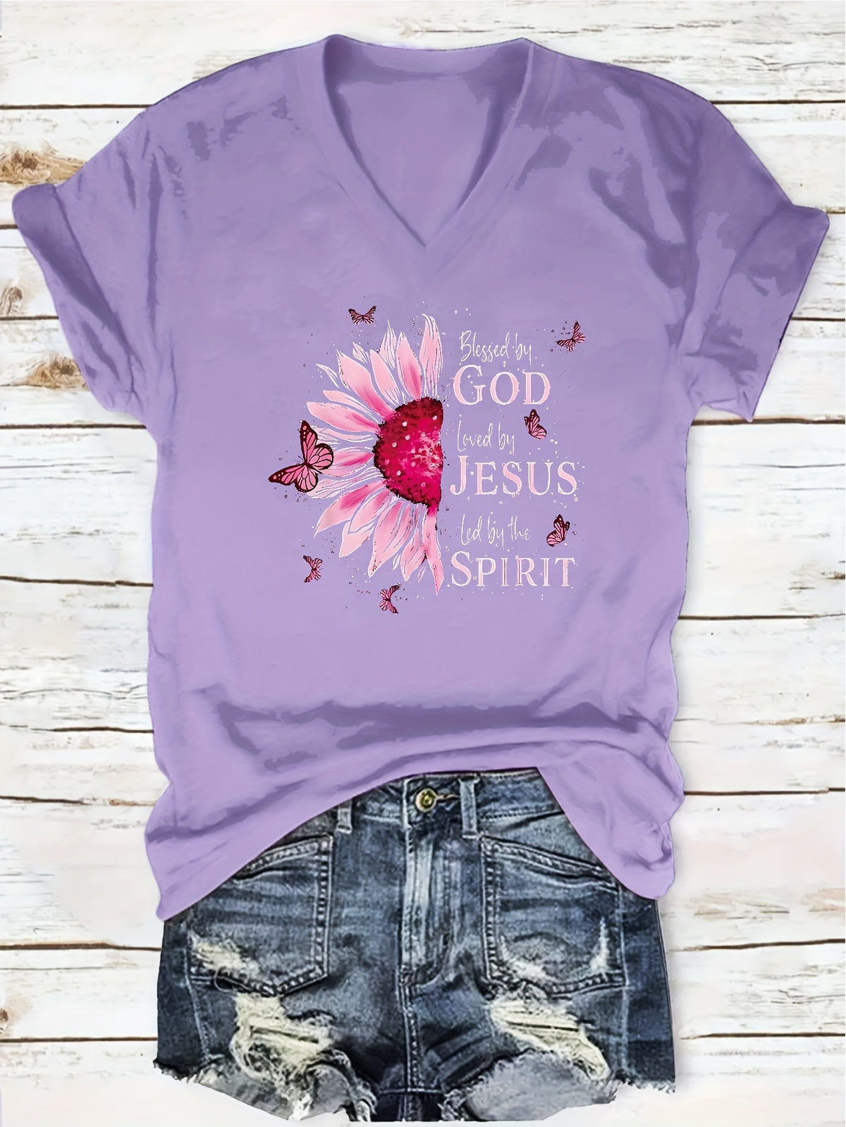 Printed V-Neck T-Shirt Women Casual Short Sleeve Summer Top 5 Colors S-XXL