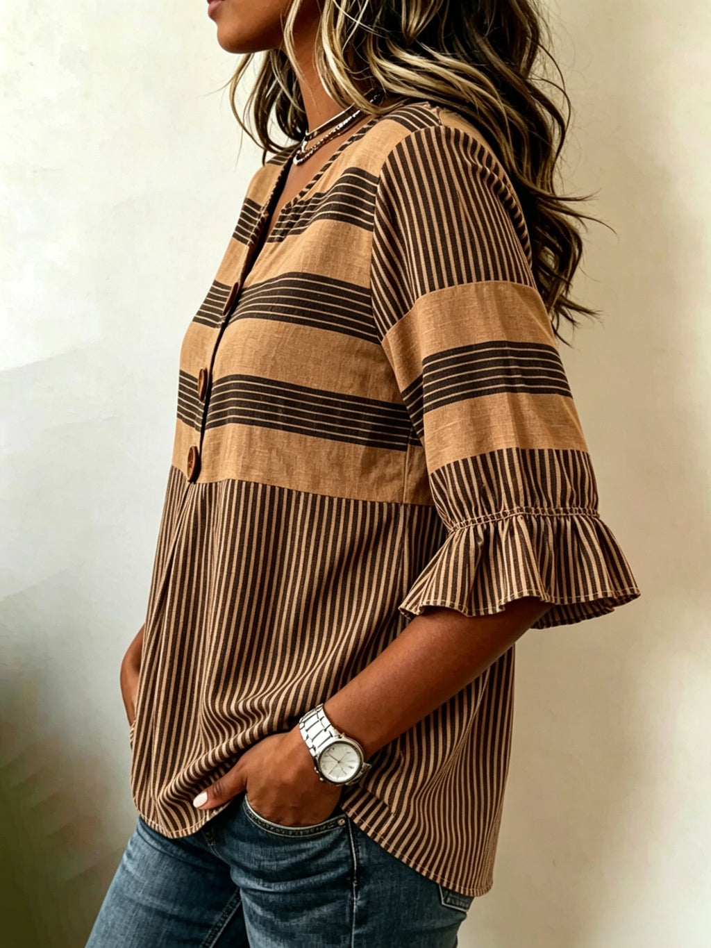 Striped V-Neck Blouse Women Ruffle 3/4 Sleeve Loose Fit Tunic Top Lightweight Linen Button Detail Summer Shirt S-2XL