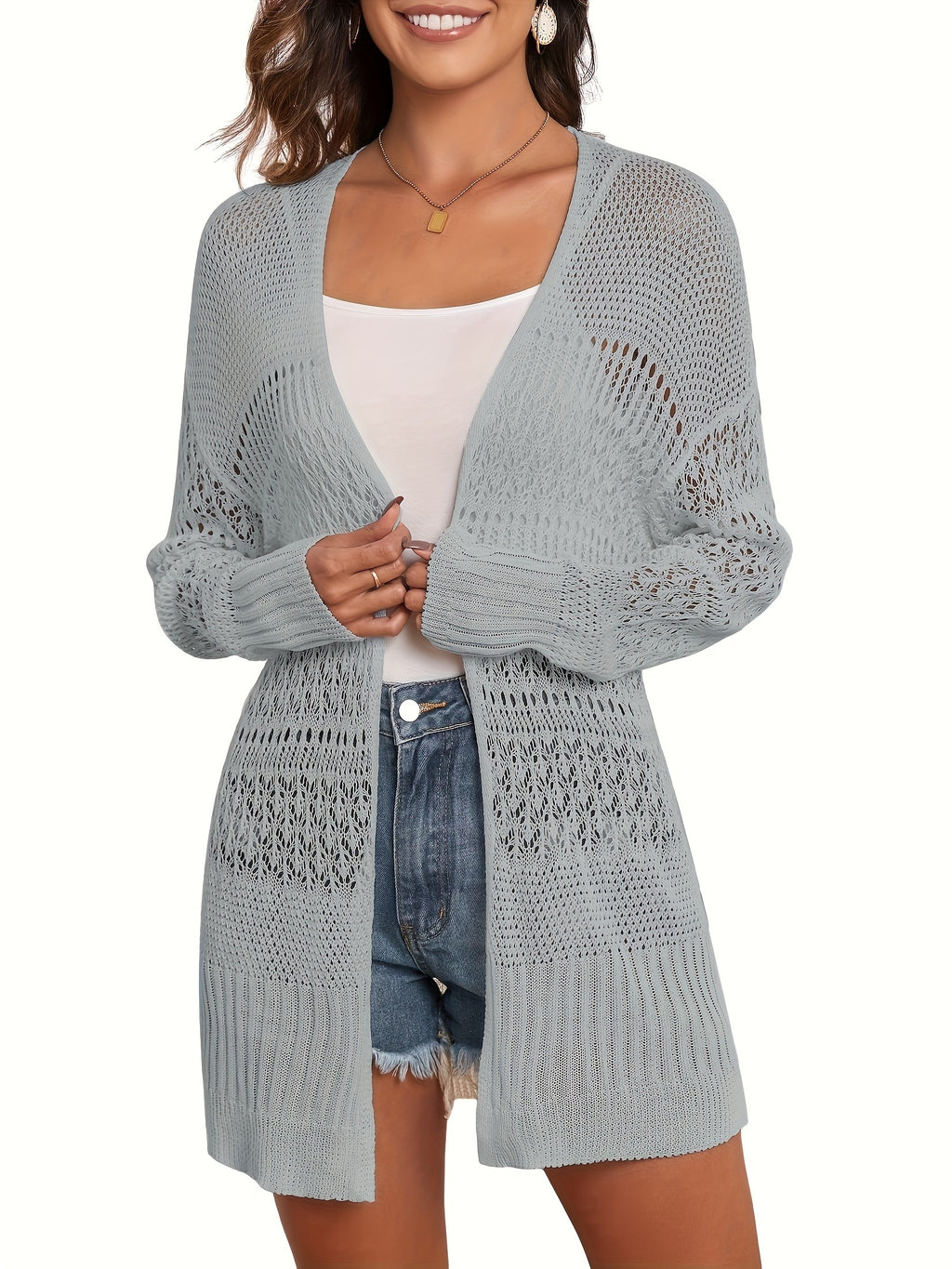 Women's Crochet Cardigan Kimono Long Sleeve Lace Up Front Lightweight Open Front Sweater Layering Top Spring Fall Beach Cover Up