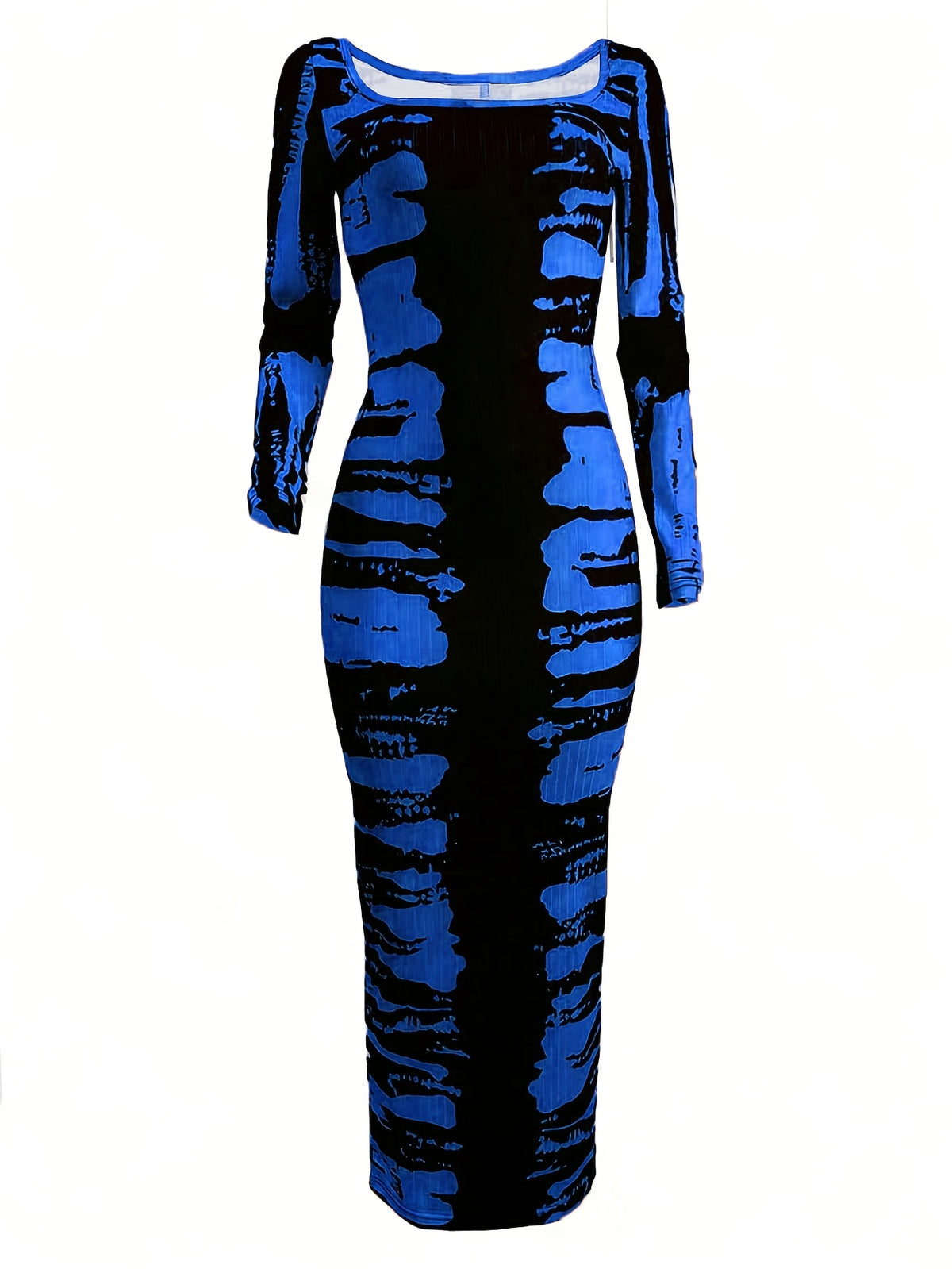 Tie-Dye Bodycon Maxi Dress Women Long Sleeve Ankle Length Contrasting Print Figure-Hugging Sexy Elegant Long Dress