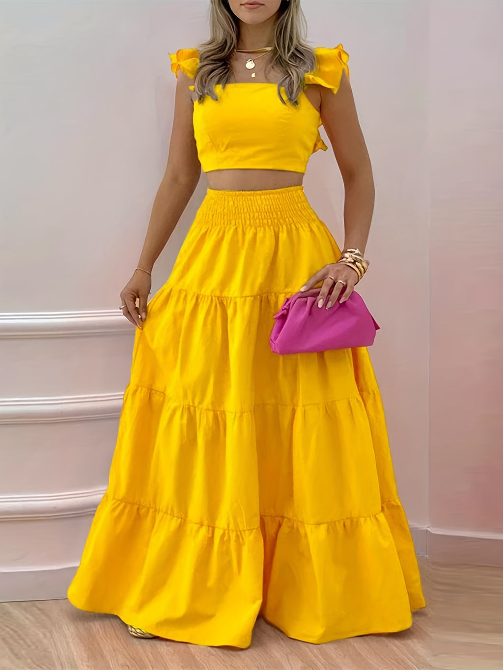 Off Shoulder Ruffle Top and Maxi Skirt 2 Piece Set for Women – Lettuce Trim Sleeveless Fashion Outfit, Spring Summer, Sizes S-XXL