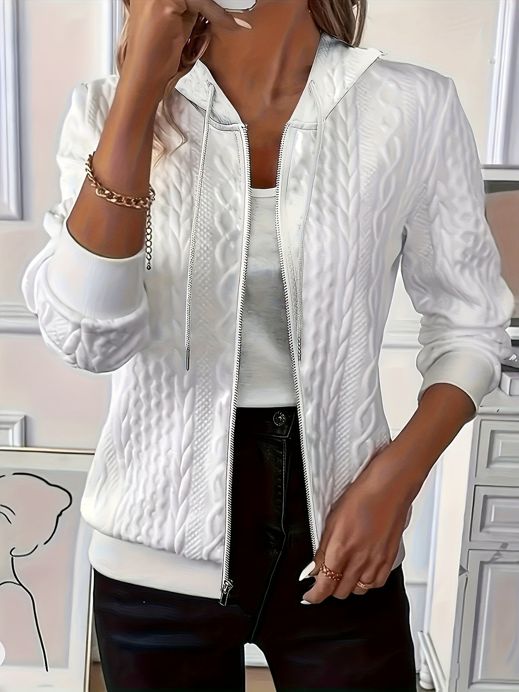 Women Casual Solid Color Zip Hooded Jacket with Pockets Long Sleeve Textured Polyester White Fall Winter S-XXL