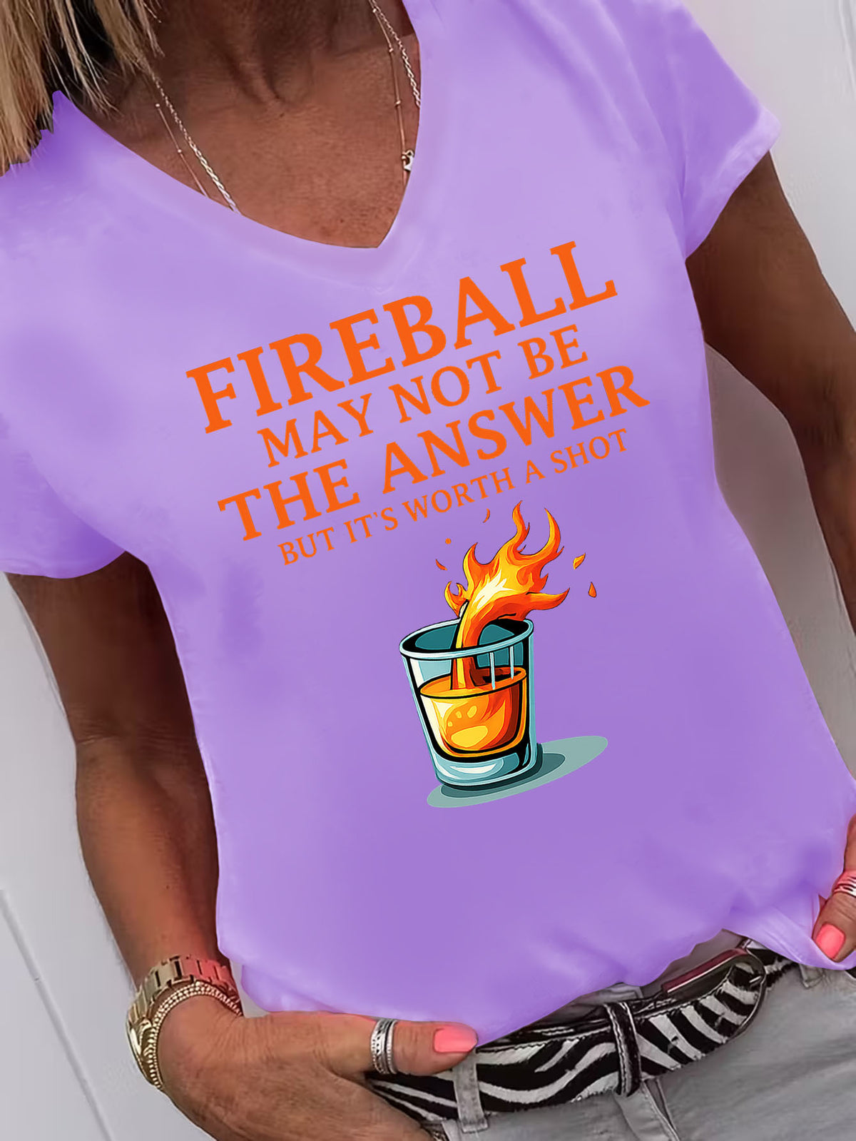 Fireball May Not Be The Answer Funny Quote V-Neck T-Shirt Women Casual Graphic Print 95% Polyester Stretch Knit Short Sleeve Novelty Holiday Gift Tee S-XXL
