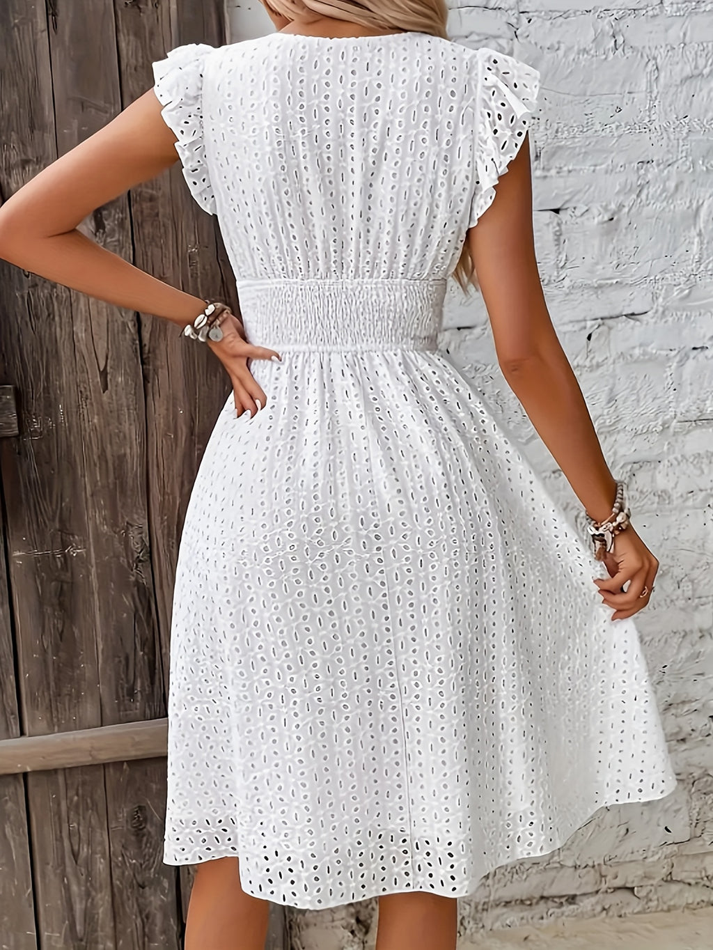 Jacquard Hollow V-Neck Dress Women Elegant Ruffle Sleeveless Elastic Waist Solid Color Mid-Length Formal Skirt
