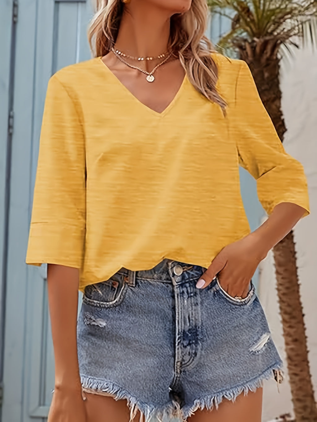 V-Neck T-Shirt Women Half Sleeve Loose Basic Tee Viscose Blend Soft Casual Summer Top Regular Fit Lightweight S-XXL