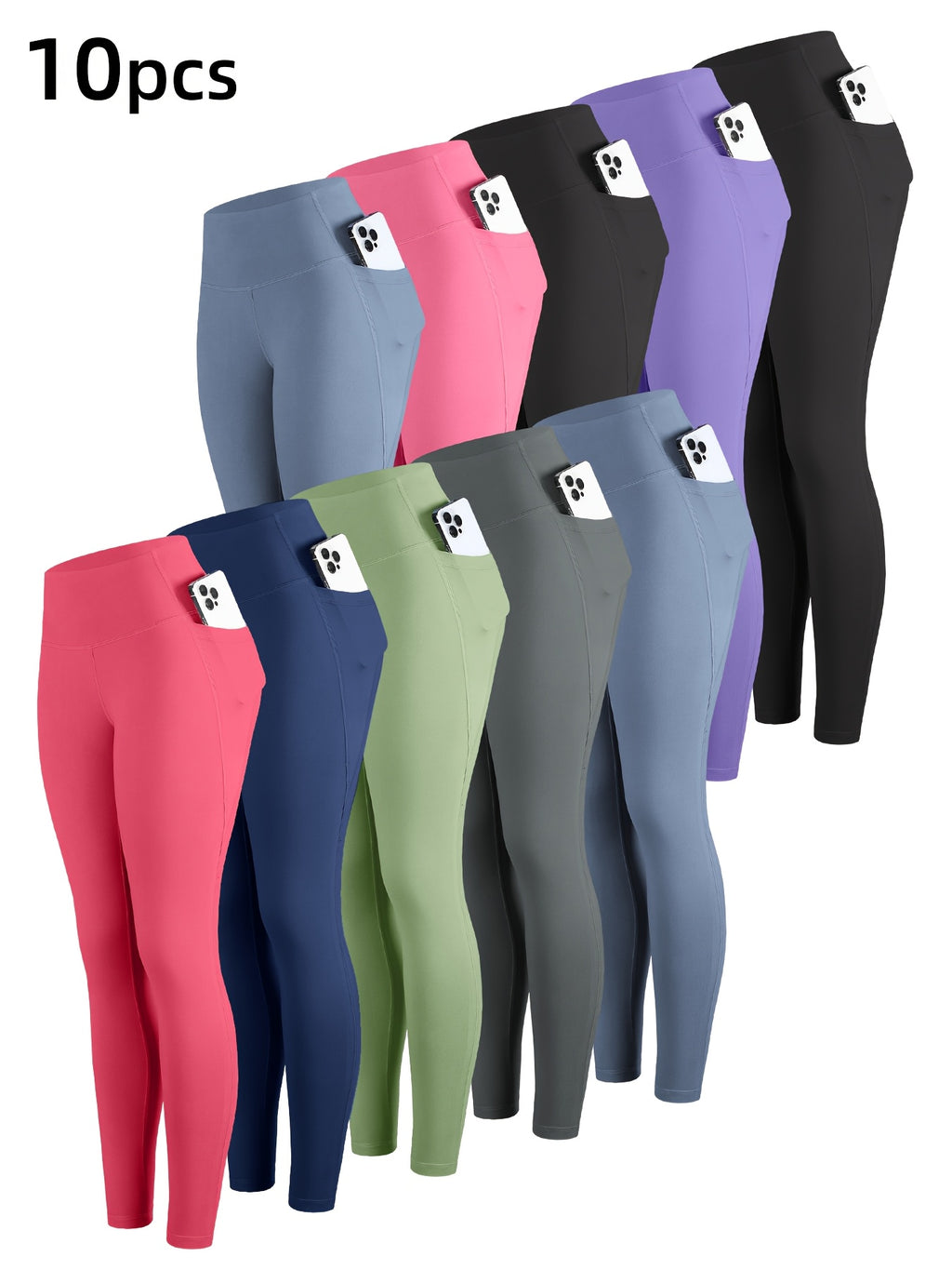 10pcs Solid Color High Waisted Leggings for Women – Cropped Tight Leggings with 2 Pockets, Multicolor