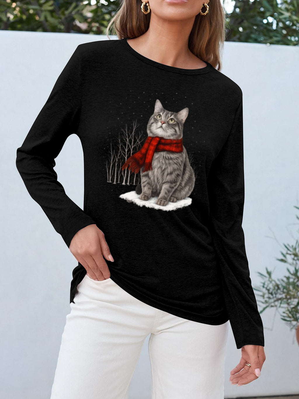 Christmas Cat Print Women Long Sleeve T-Shirt Crew Neck Casual Holiday Graphic Tee Soft Breathable Multi-Color Top Spring Fall