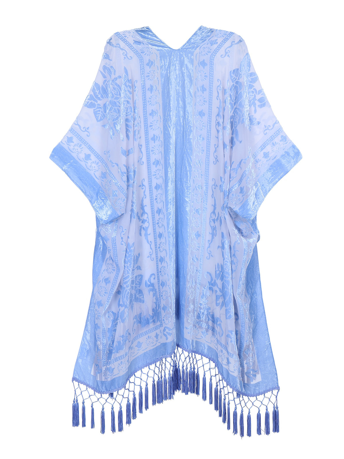 Boho Burnout Velvet Kimono Women Long Cardigan Cover Up Tassel Floral Embroidered One Size