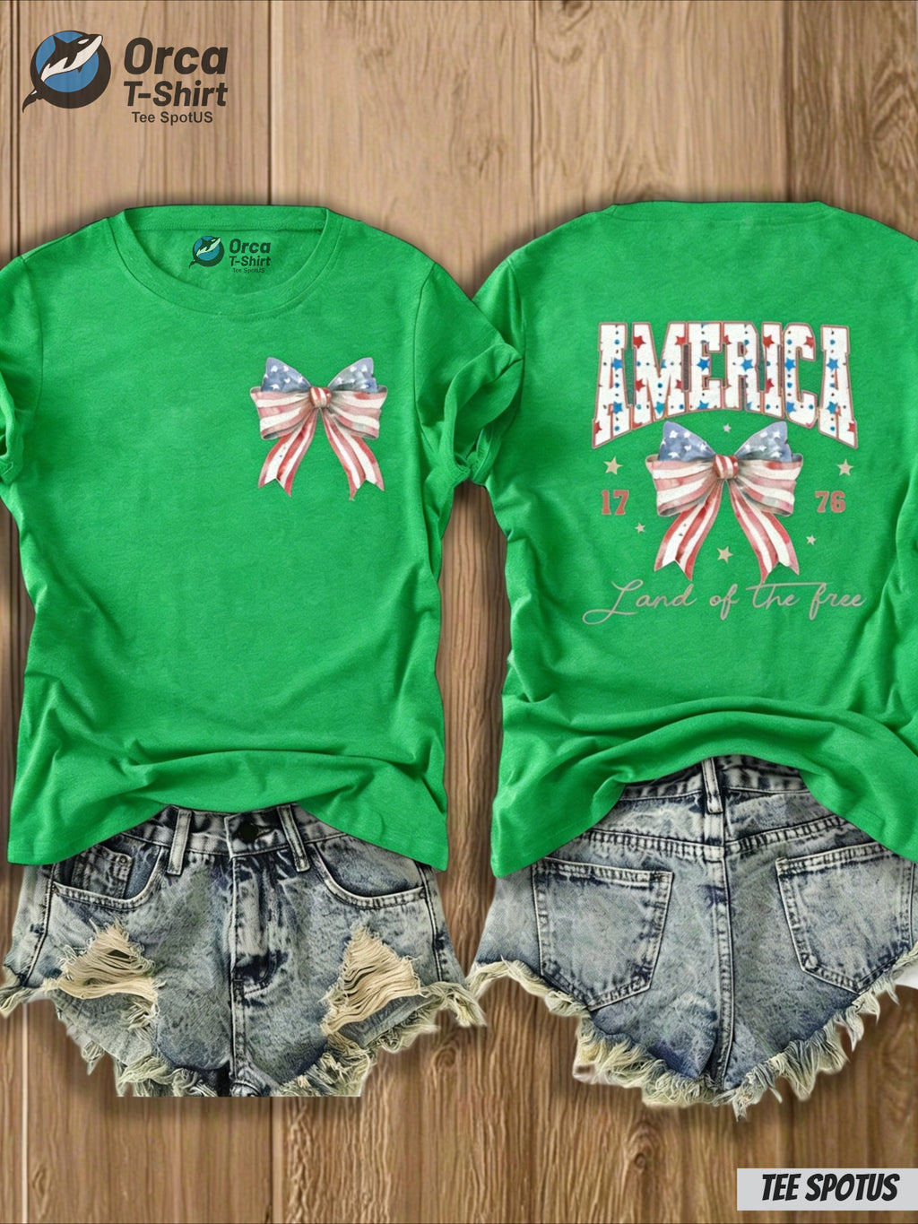 4th of July T-Shirt Women America Flag Bow Print Crew Neck Casual Patriotic Top 8 Colors S-XXL