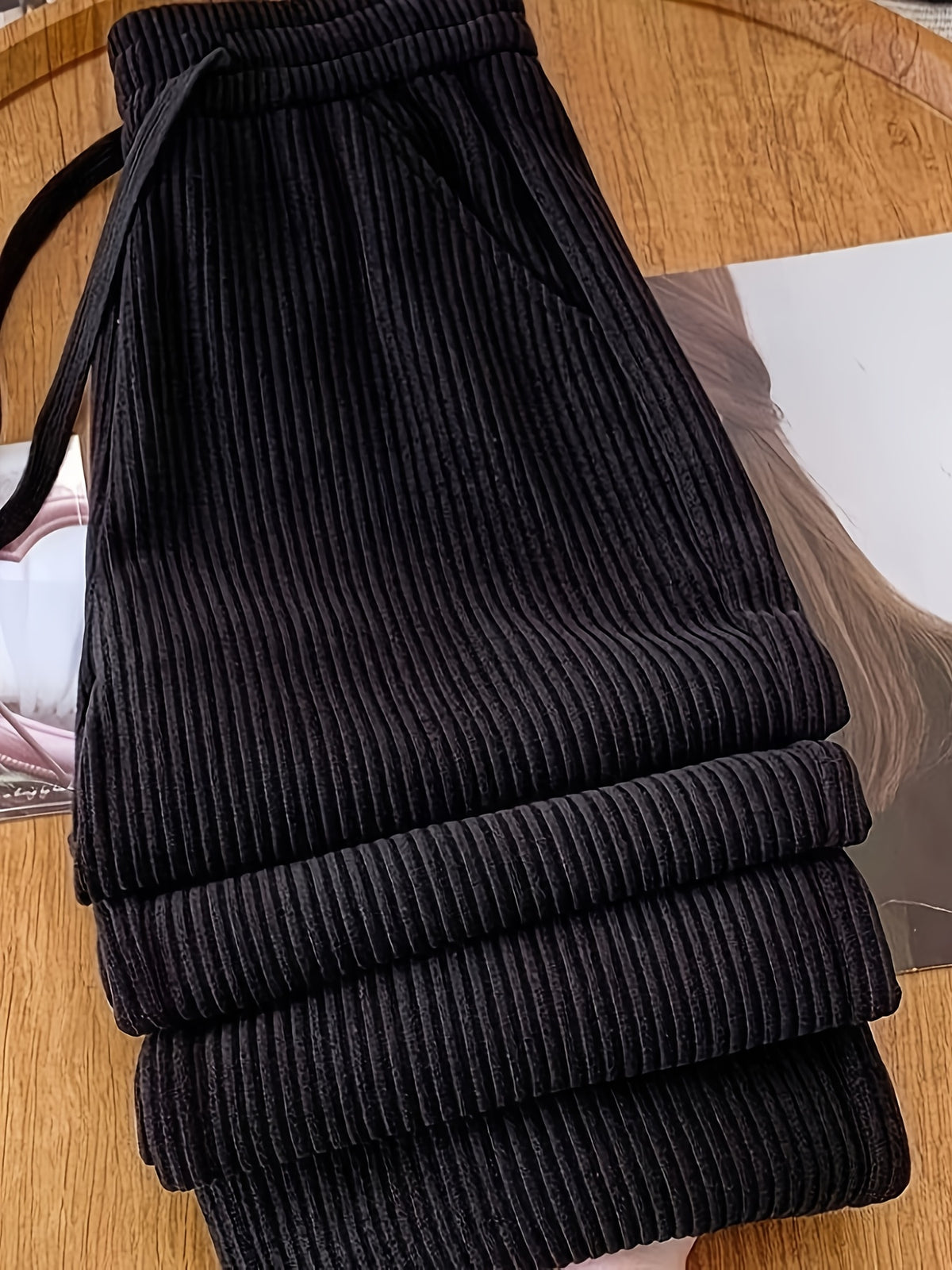Corduroy High Waist Straight Leg Pants for Women – 100% Polyester Smooth Texture Loose Comfortable Fit, Solid Color Casual Four-Season Woven Trousers, Classic Versatile Everyday Bottoms S-XXL
