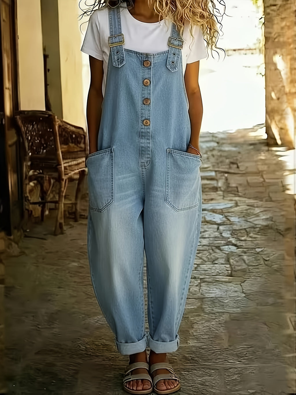 Washed Denim Jumpsuit Women Wide Leg Loose Retro Workwear Sleeveless Single Breasted Pocket Plus Size Solid Color Spring Summer Fall Street Style