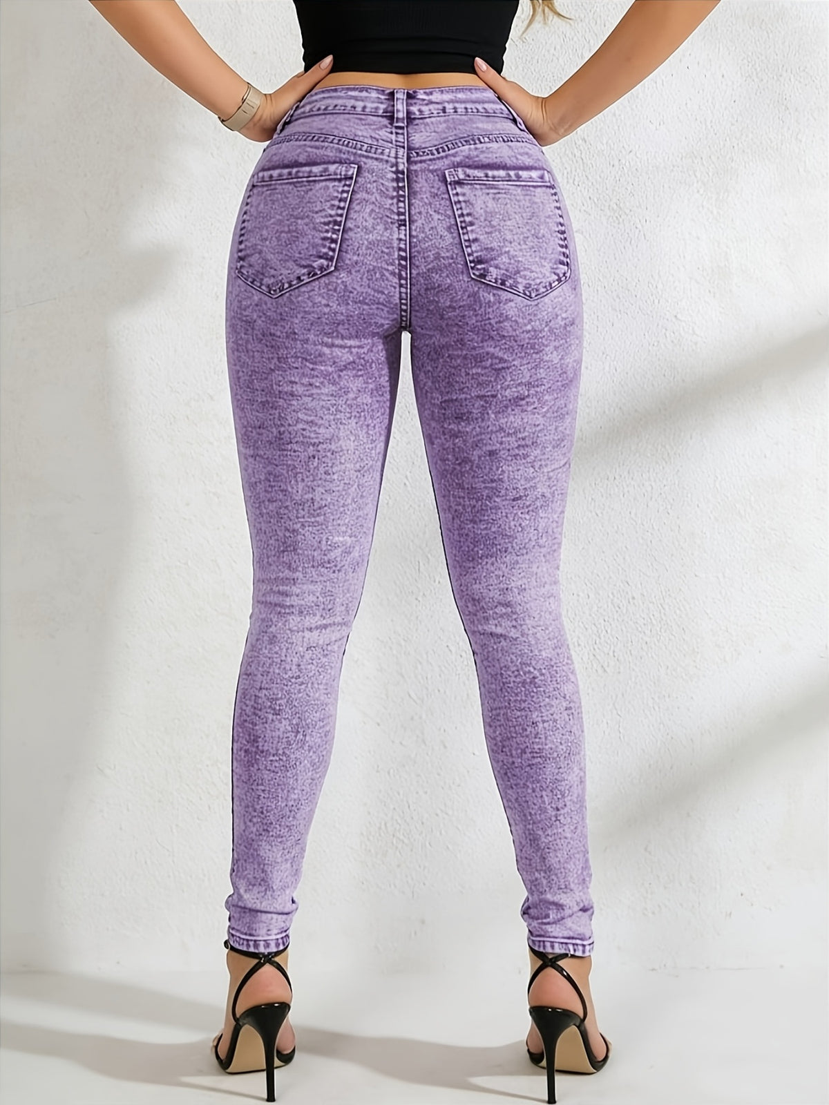 Women's High Waist Purple Acid Wash Slim Fit Cropped Jeans Hip Lifting Stretchy Casual Party Denim